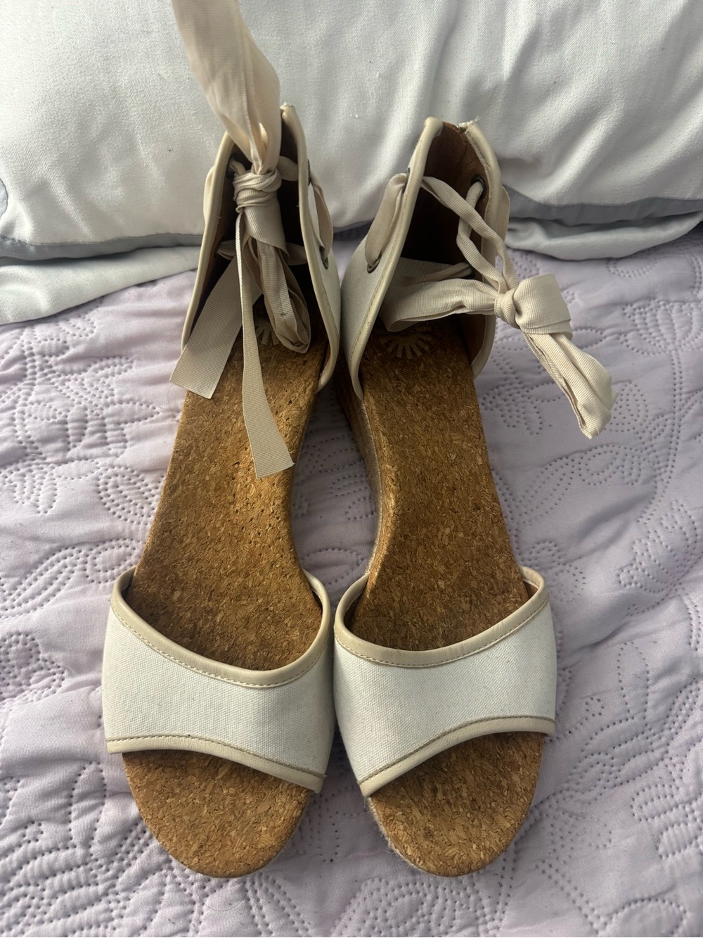 UGG Cream Canvas Ankle-Tie Cork Wedge Sandals